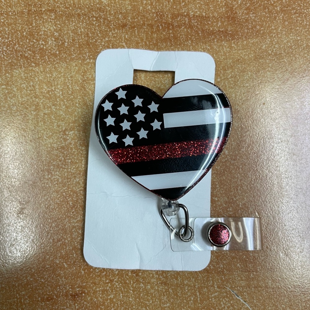 Heart-Shaped Badge Reel with firefighter American Flag Design